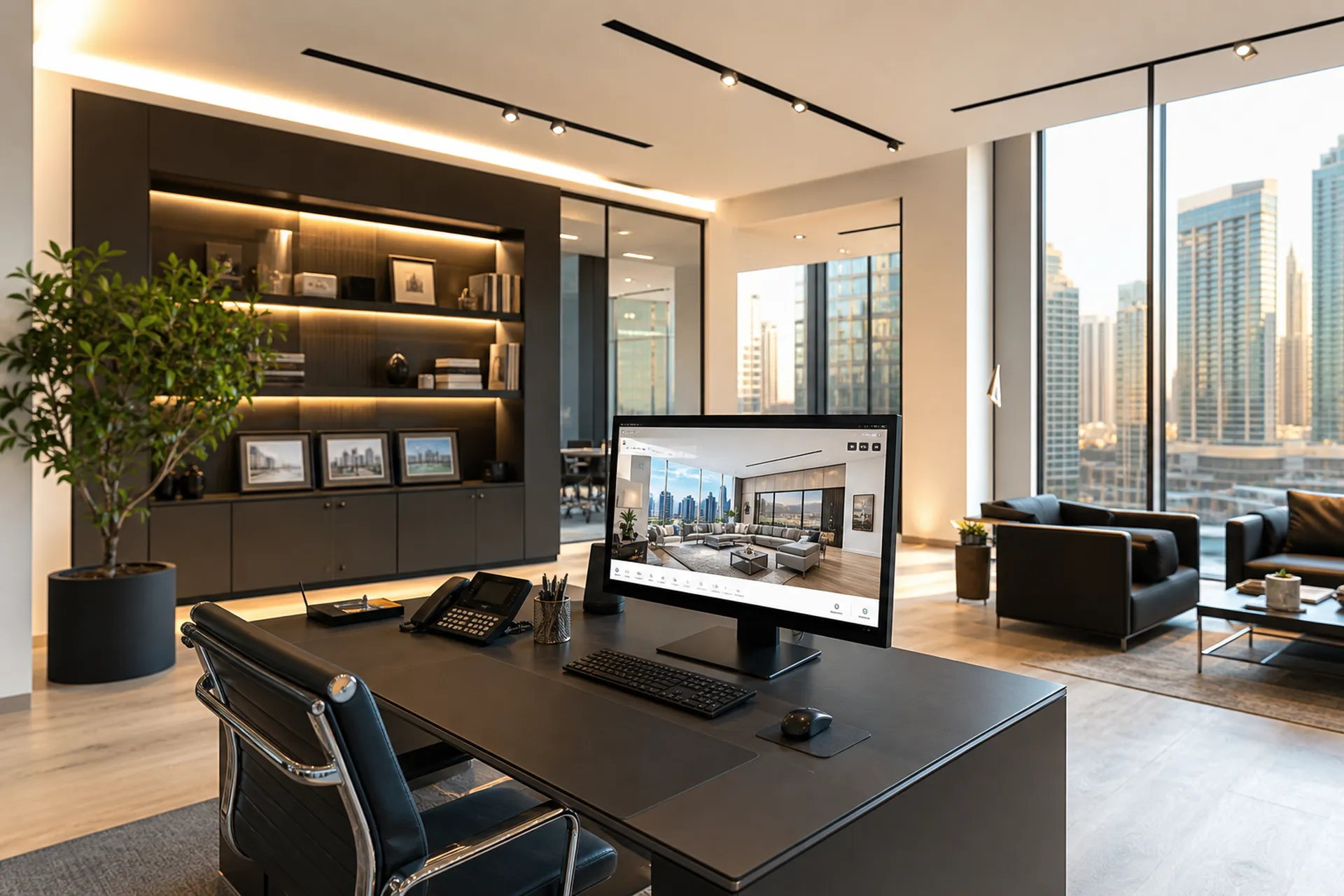 Ufficio di agenzia immobiliare con tour virtuale a schermo