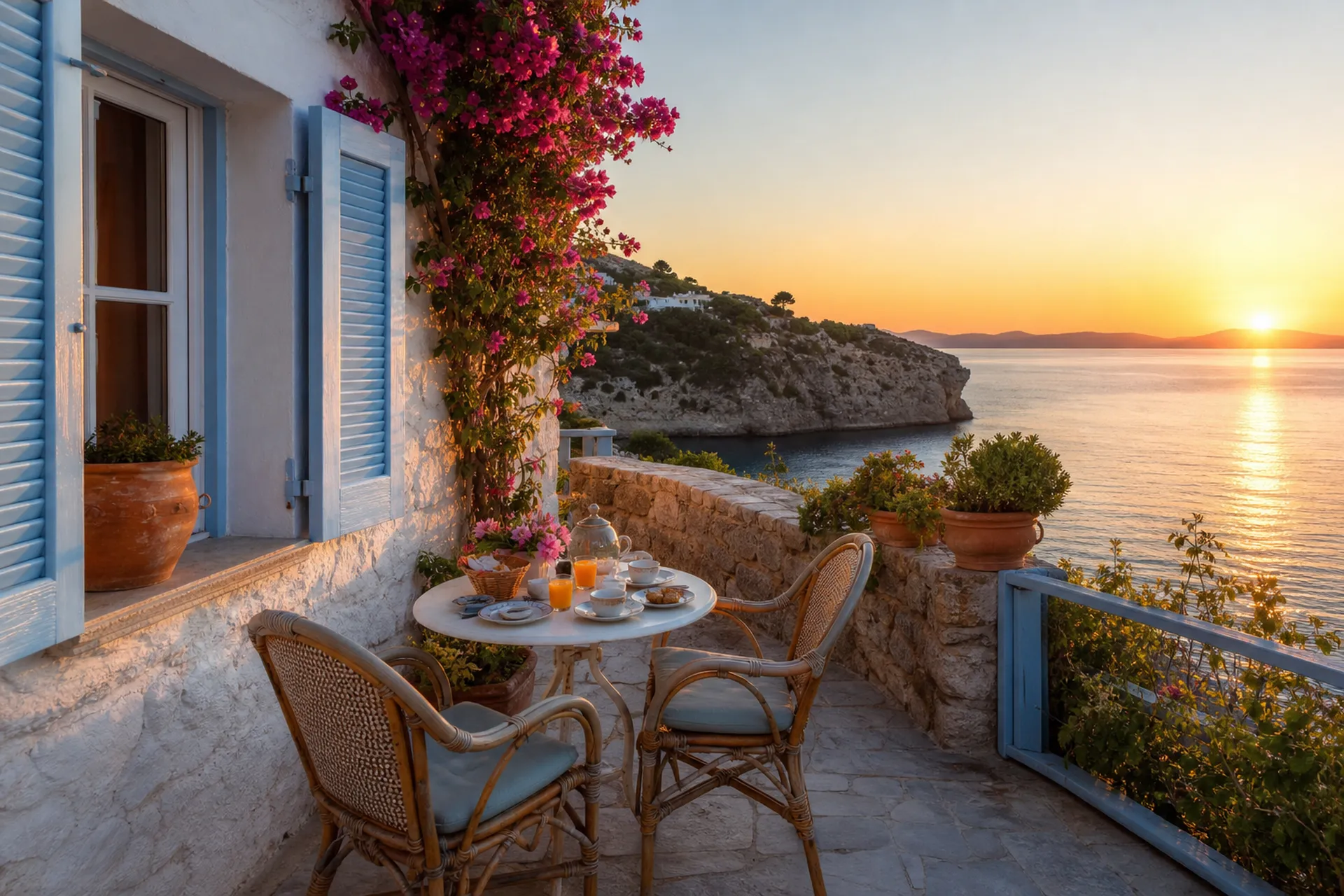 Terrazza di un B&B mediterraneo al tramonto