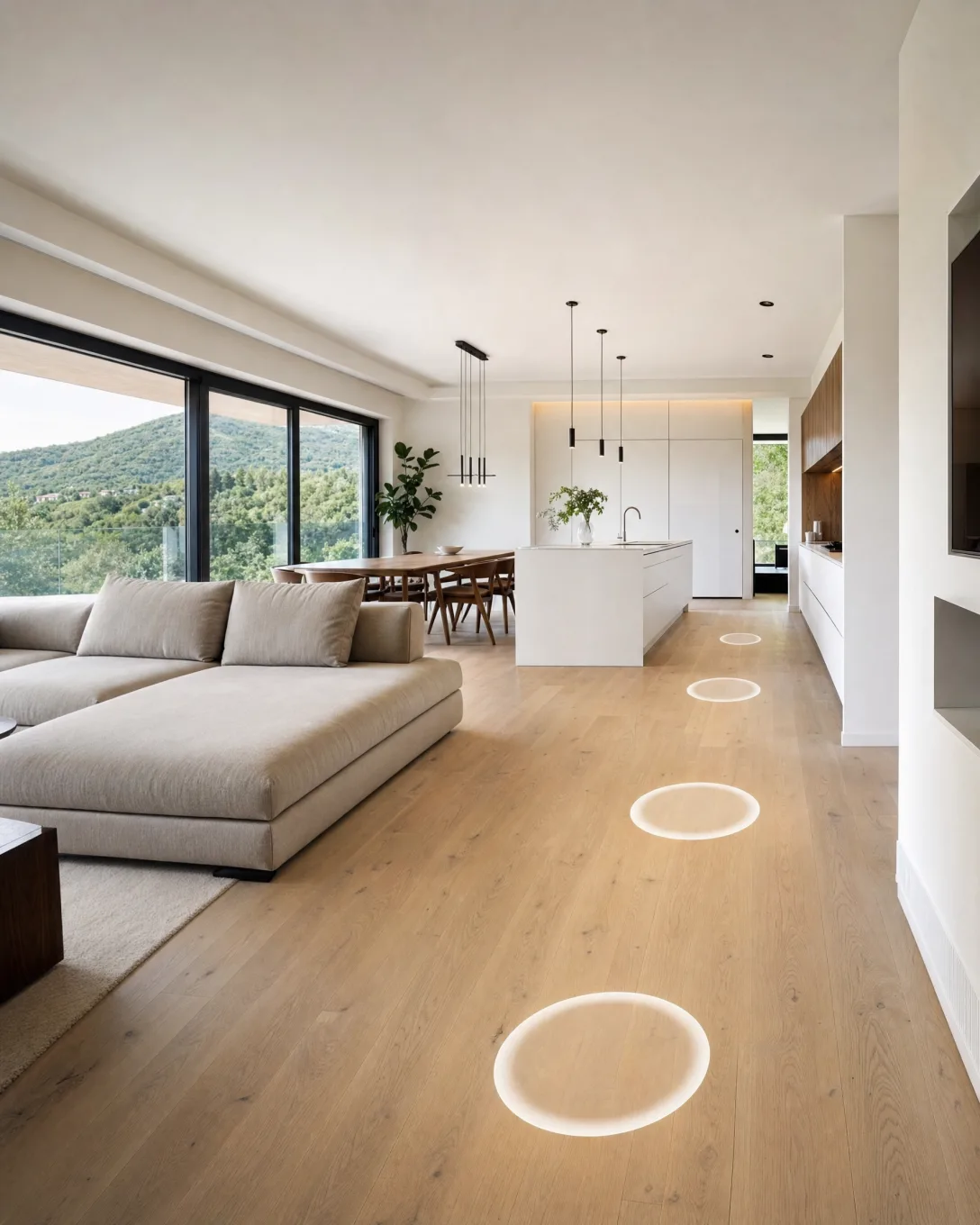 Interno moderno nel tour virtuale, con le pedine sul pavimento
