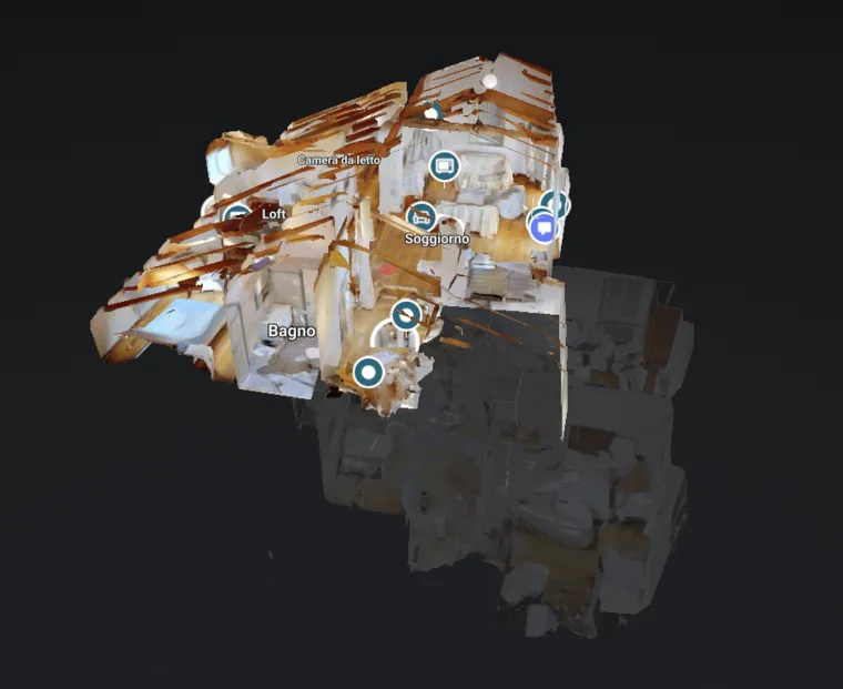 Modello 3D dollhouse di un immobile con stanze mappate