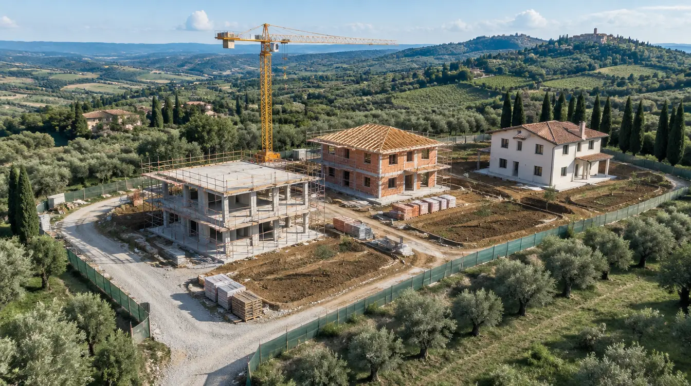 A building site with three houses seen from a drone, with a clickable point on every unit