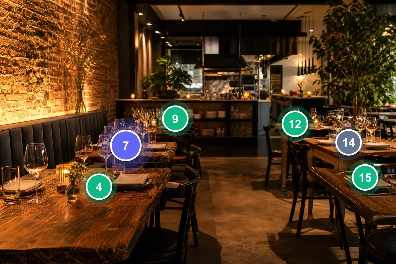 Sala di un ristorante con i tavoli numerati da scegliere nel tour